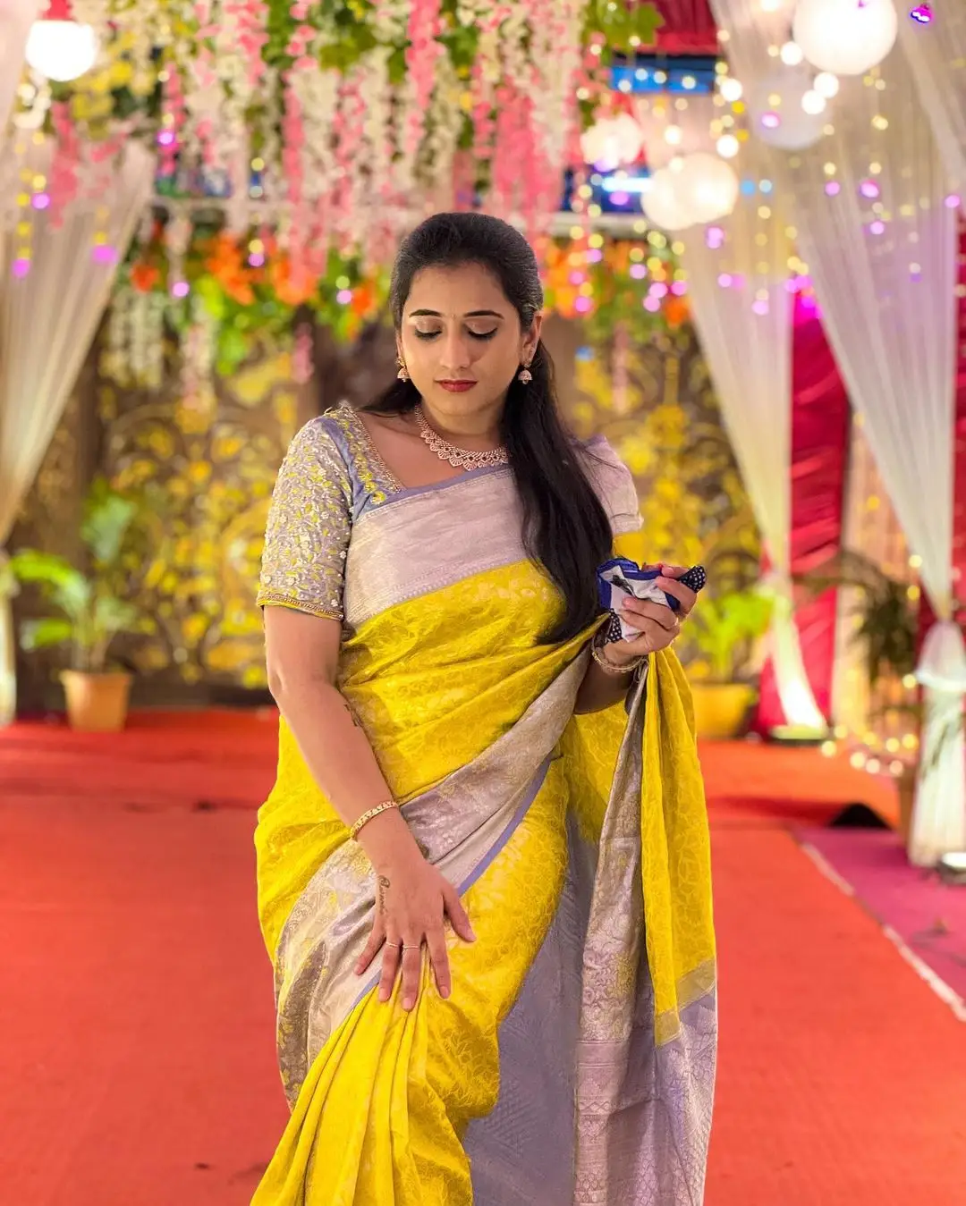 TELUGU ACTRESS VIRAAJITA IN BEAUTIFUL YELLOW SAREE BLUE BLOUSE